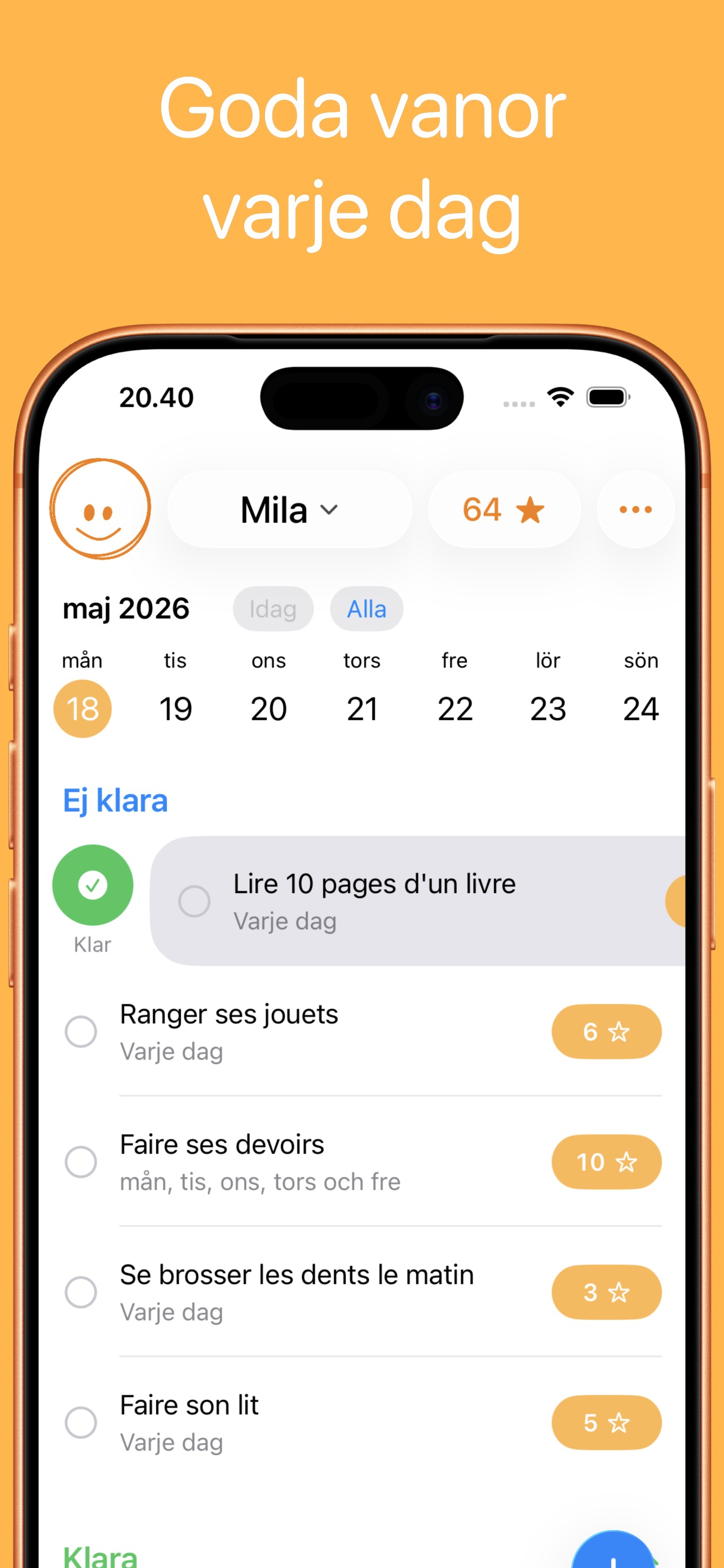 DailyHeros uppgiftslista på svenska